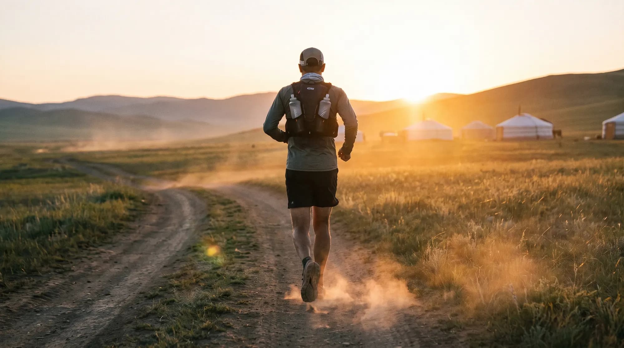 Un coureur avec sac d’hydratation sur une piste de terre dans la steppe mongole au lever du soleil, des yourtes au loin