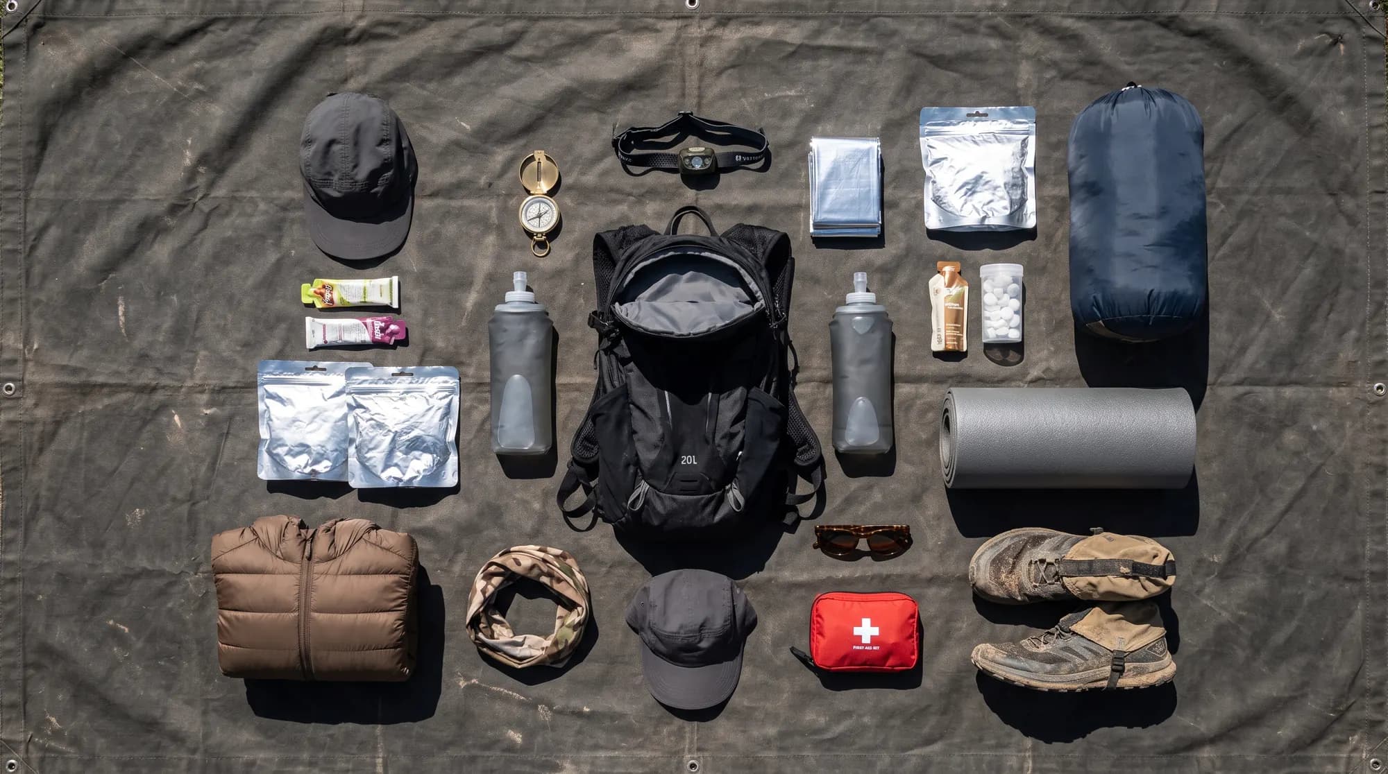 L'équipement obligatoire d'une course en autosuffisance disposé à plat : sac de 20 litres, flasques, lampe frontale, boussole, couverture de survie, repas lyophilisés, sac de couchage, souliers avec guêtres