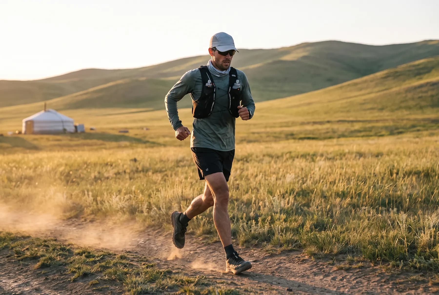 Un coureur avec veste d’hydratation et casquette court sur une piste de terre dans la steppe dorée, des yourtes au loin