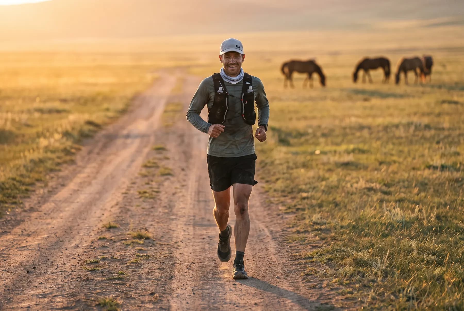 Le même coureur, poussiéreux et souriant, court vers l’objectif sur une longue route de terre au coucher du soleil