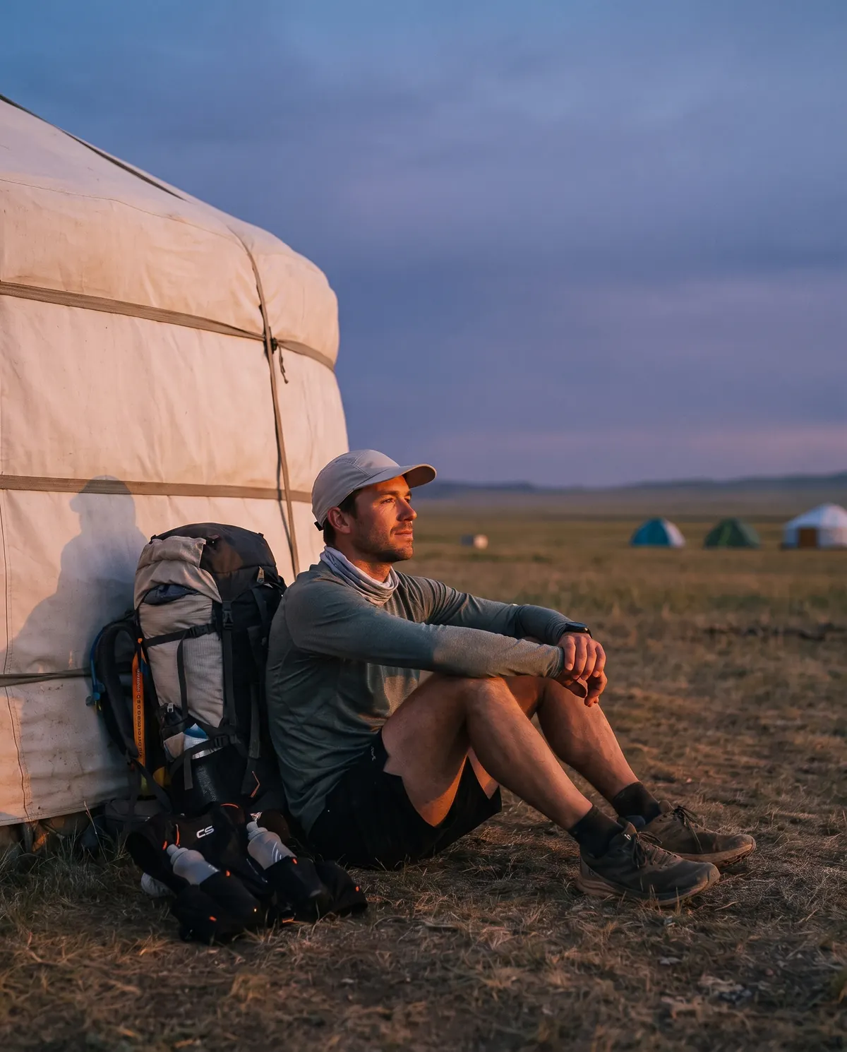 Le coureur, assis contre son sac devant une yourte au crépuscule, regarde l’horizon après une longue étape
